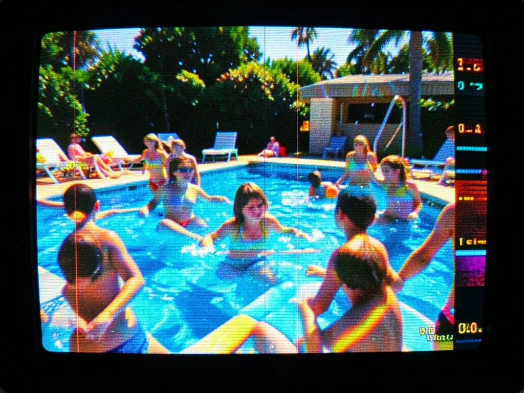 VHS recording of summer pool party, tracking lines, oversaturated blues