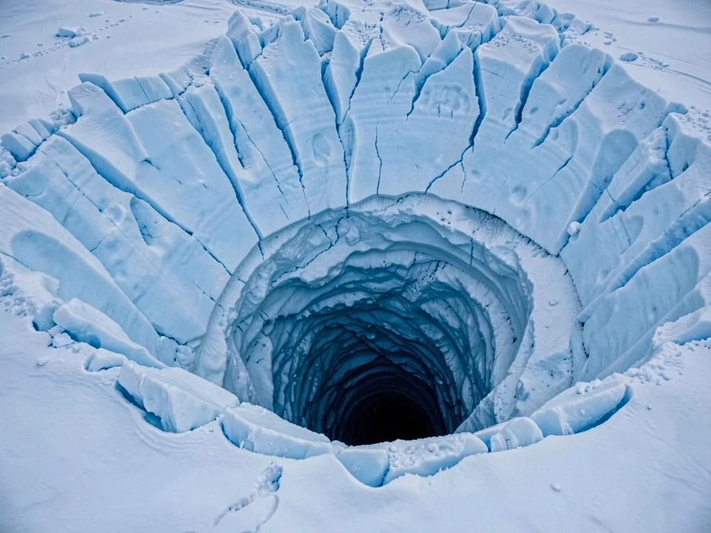 Moulin spiral descending into blue dark