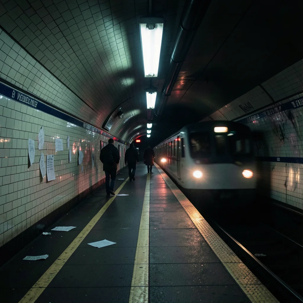 A London Underground tunnel: the curved tiled walls, a train's headlight approac