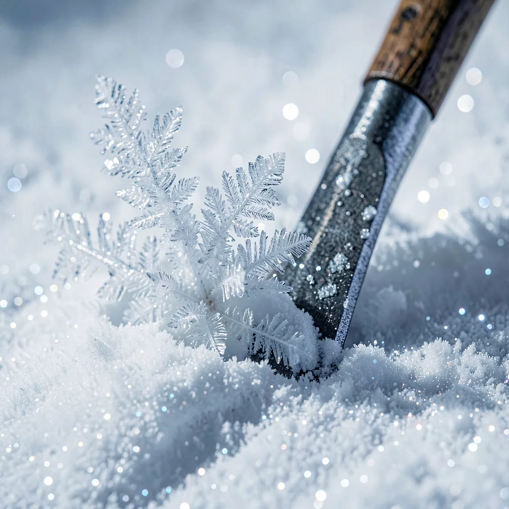 ice axe planted in firn snow close-up, frost glitter, cool tones