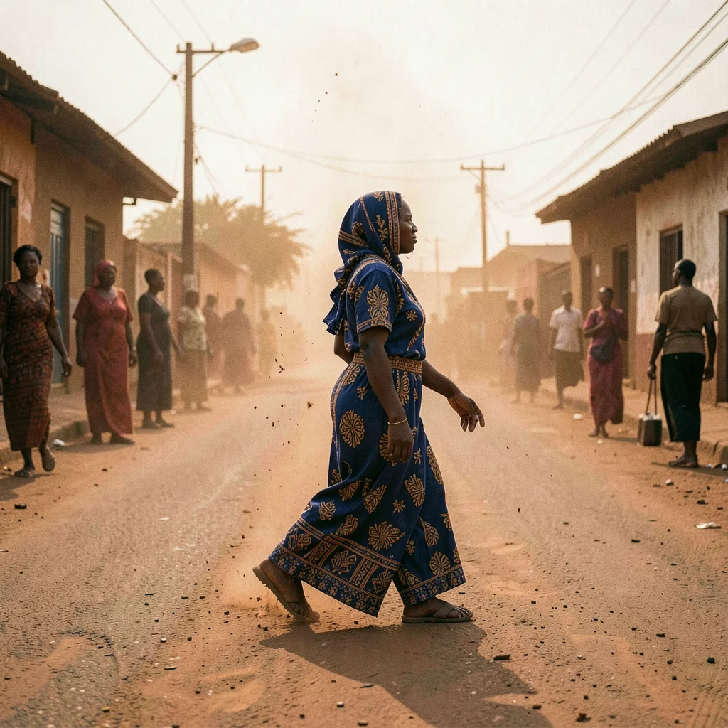 Golden Harmattan dust haze in Bamako, Mali, Woman in indigo bogolan cloth crossi