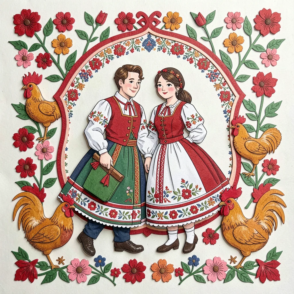 Polish wycinanki paper cut illustration, a wedding couple in traditional Polish 