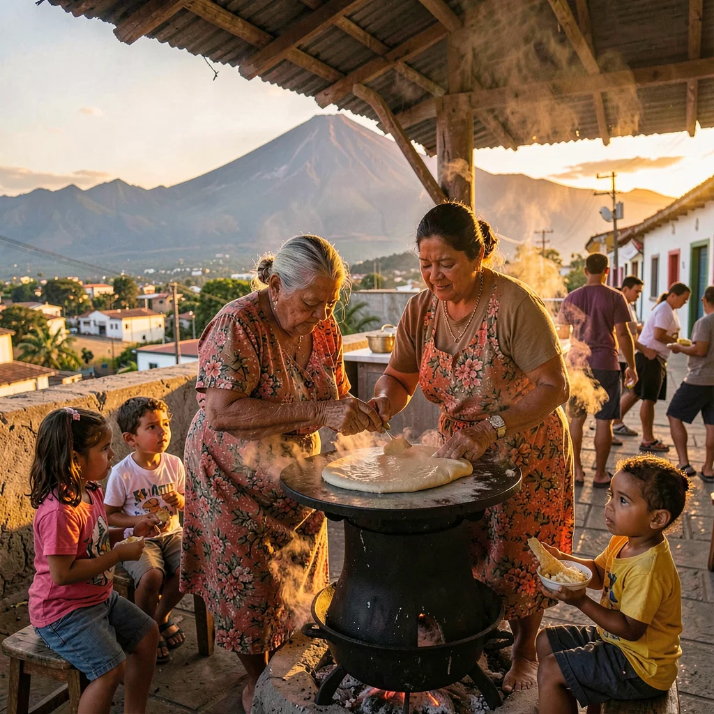 Pupusería golden hour in El Salvador, A pupuseria at golden hour, steam rising f