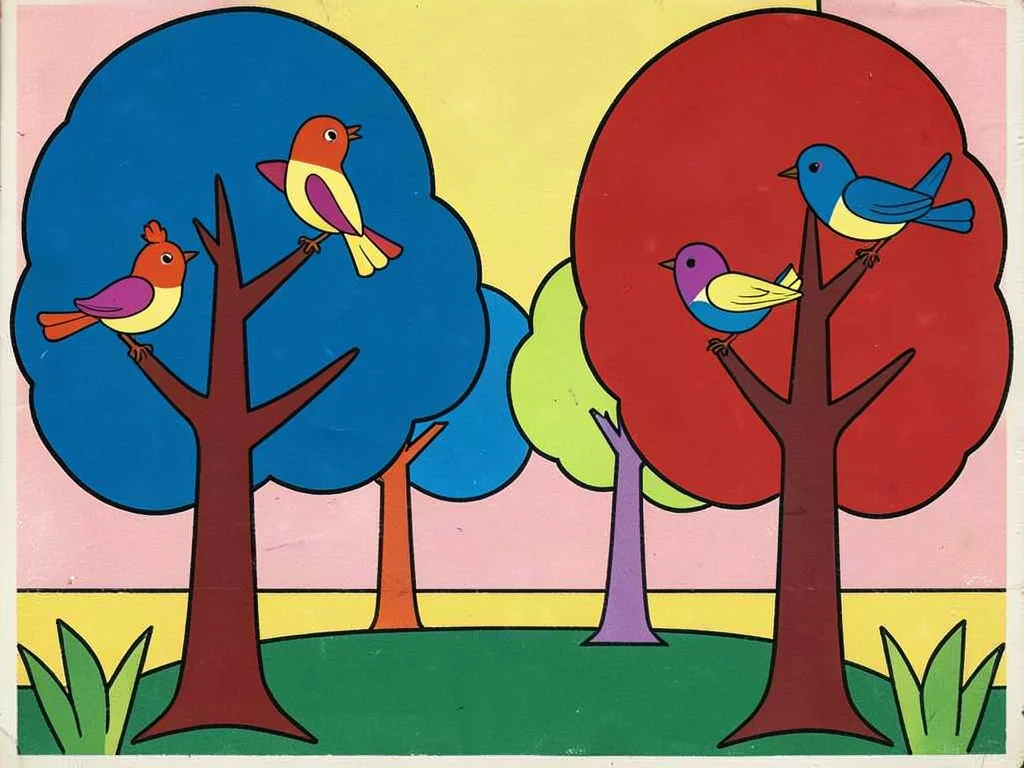 Stylized birds in bold color trees