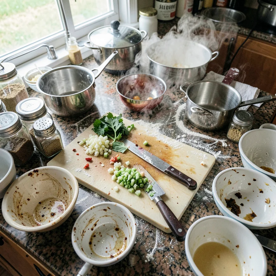 Overhead cutting board mid-vegetable prep