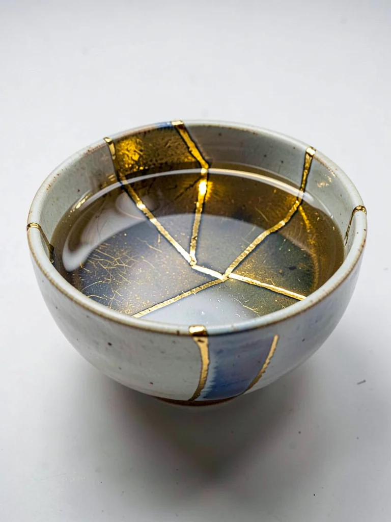 Repaired bowl filled with water — gold lines reflected in still surface