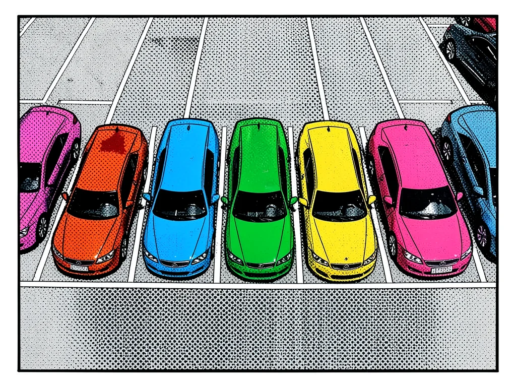 Row of cars in a parking lot, each a different primary color, aerial view