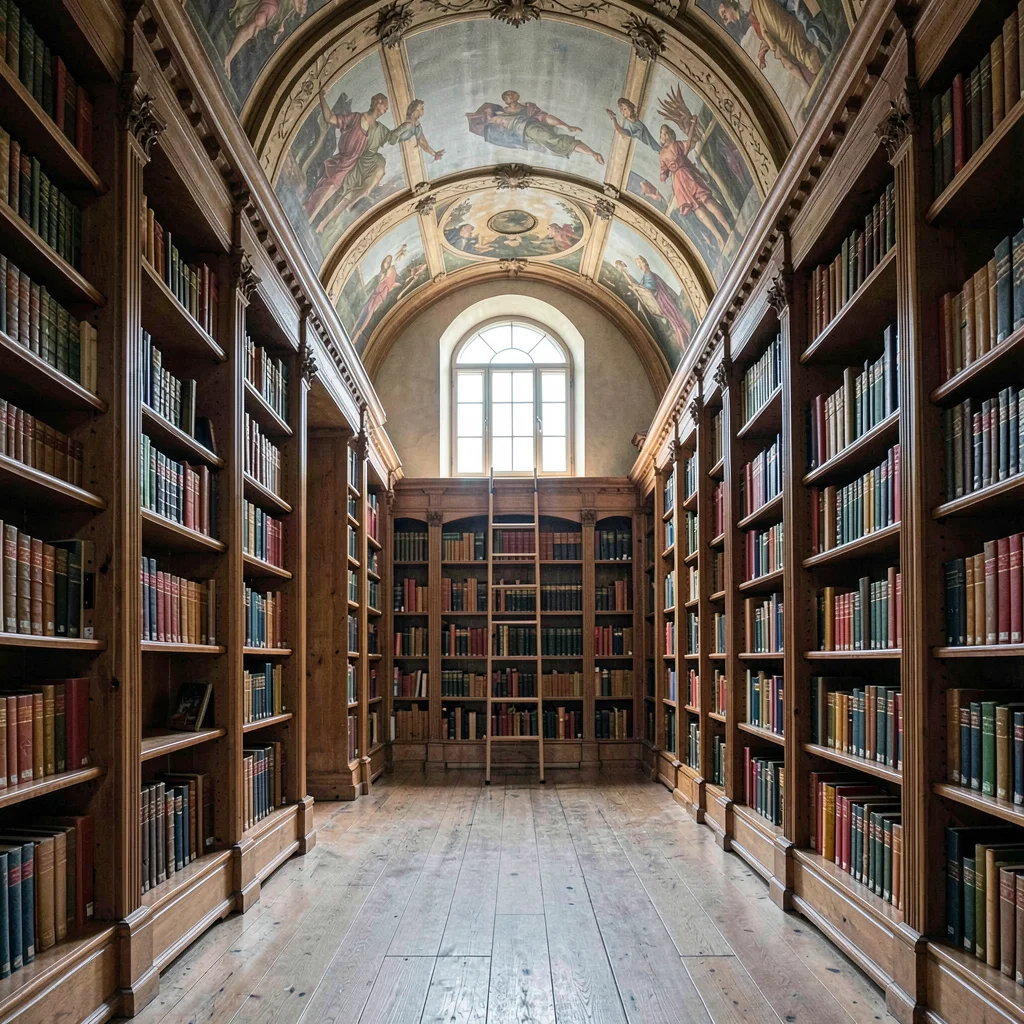 inside a Bavarian castle library at overcast noon, oak shelves climbing into a f