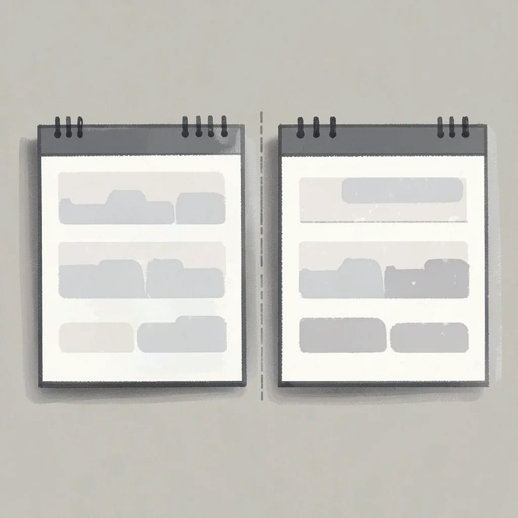 Side-by-side pair of two agenda plates separated by a hairline seam, abstract ro