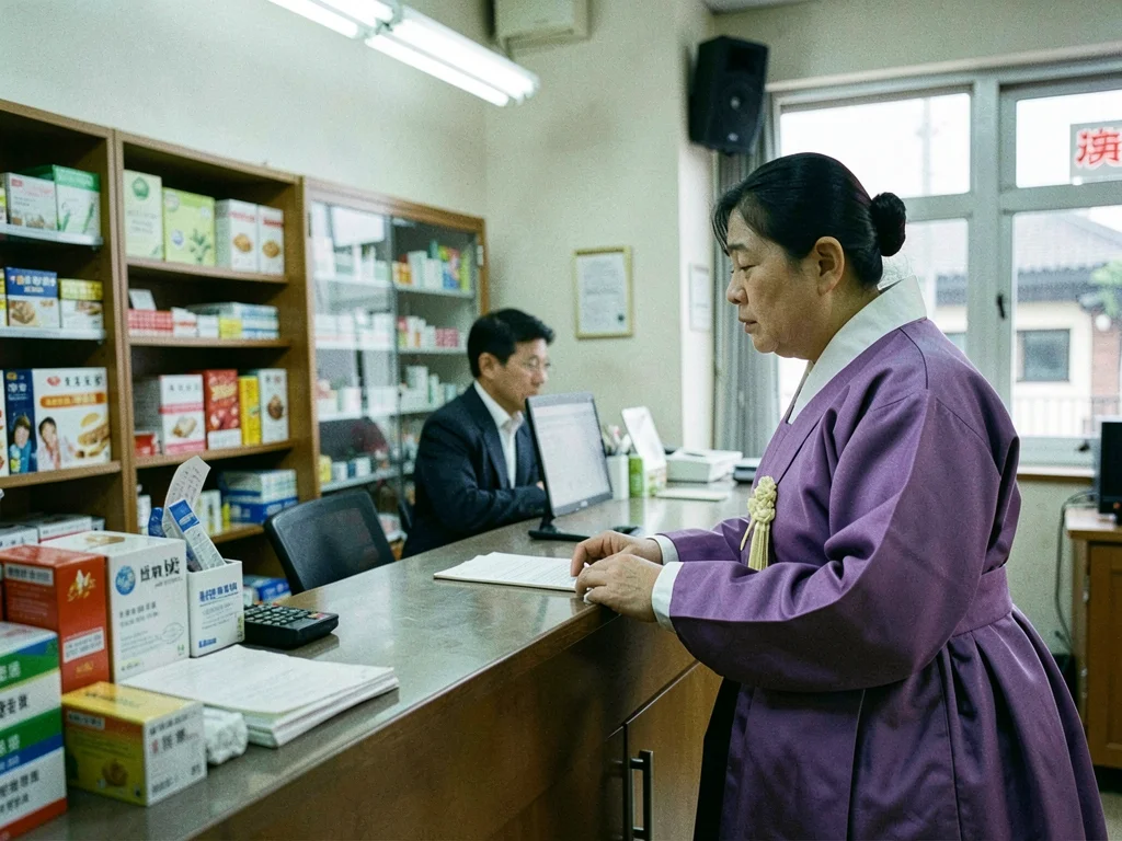 Purple ceremonial hanbok at pharmacy counter, waiting for prescription