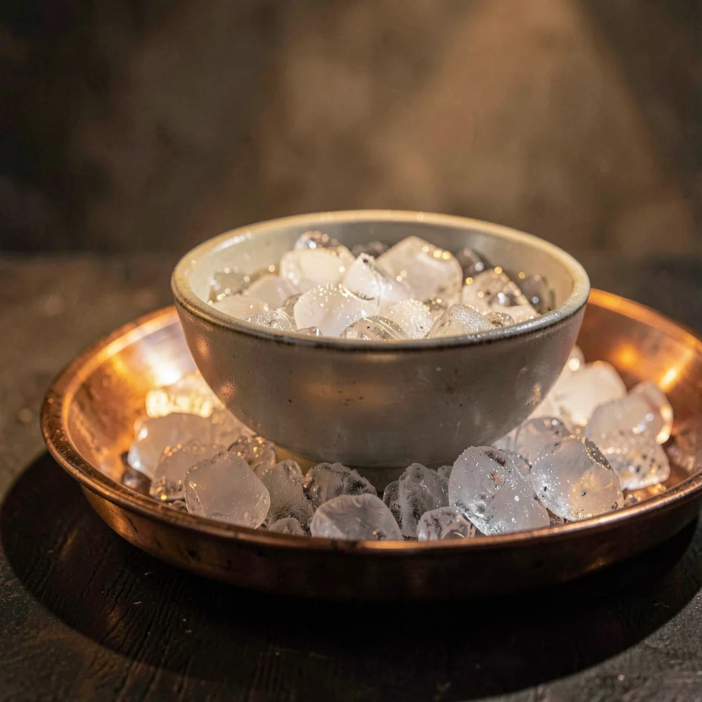 A small chilled bowl set in crushed ice on a copper tray, warm side light coolin