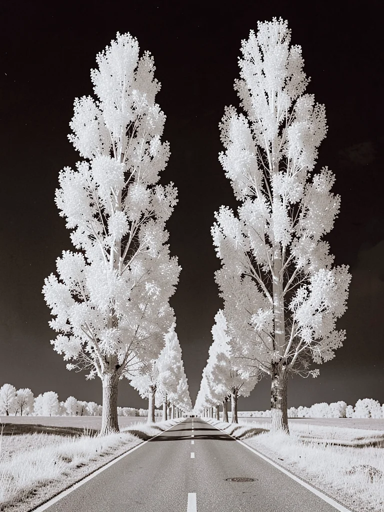 A pair of tall poplar trees flanking a French road, foliage luminous white colum