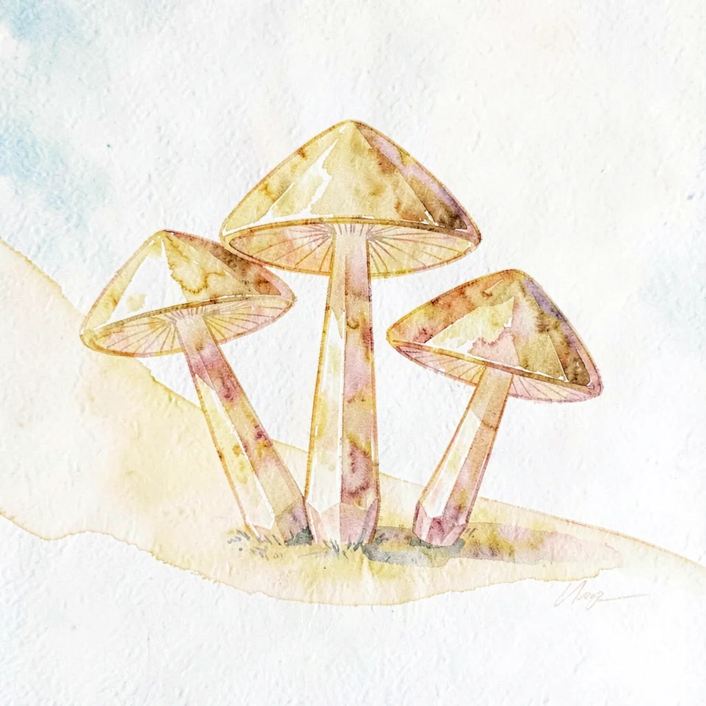 Family of three citrine lowpoly mushrooms clustered with golden caps and slim fa