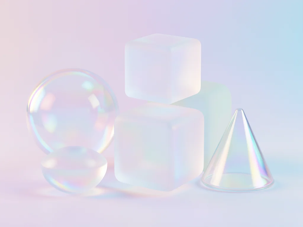 A collection of smooth geometric primitives: sphere, cube, cylinder, cone — all 