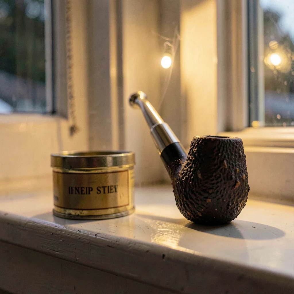 A small tin of tobacco beside a worn briar pipe on a windowsill at lamp-light ev