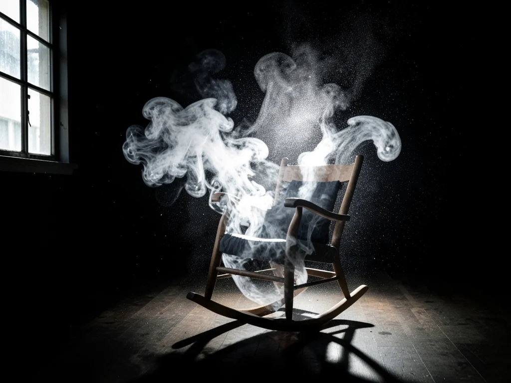 Rocking chair moving slightly in empty room, window light, dust motes