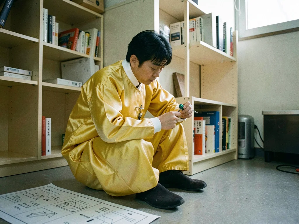 Yellow silk hanbok worn while assembling IKEA bookshelf, allen key in hand, inst