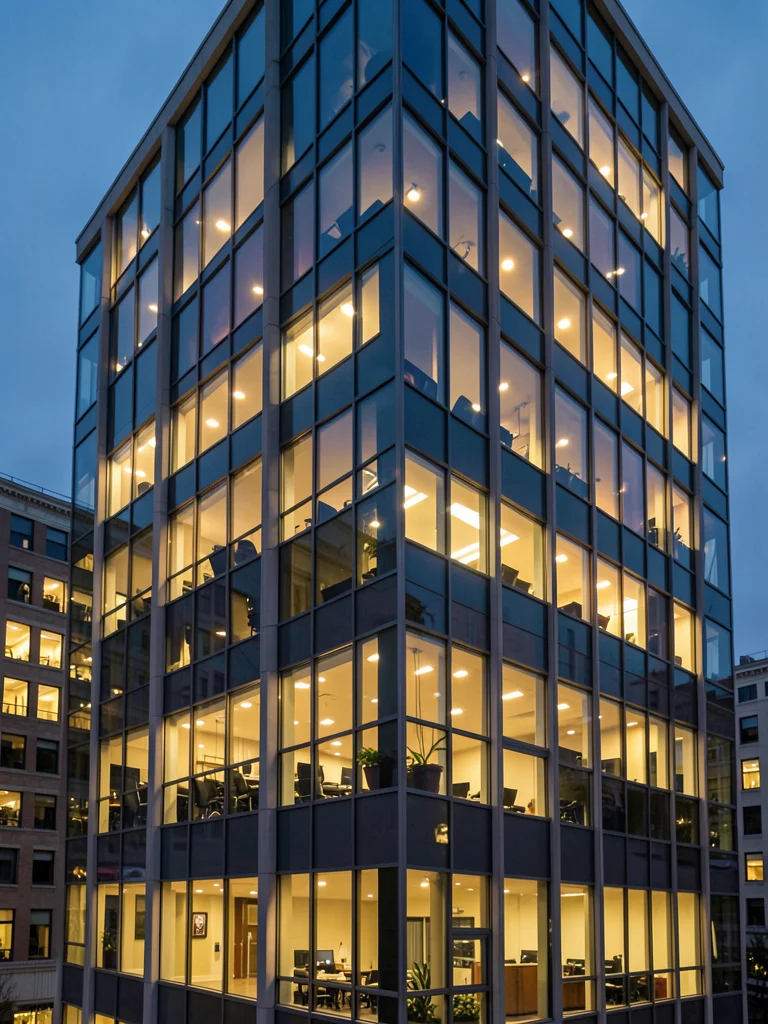 Office building windows lit