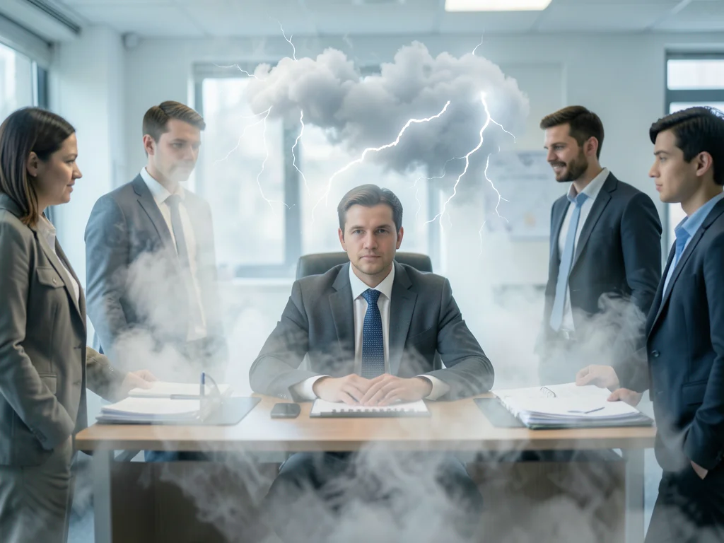 Office worker at desk with a personal fog bank, colleagues in clear air around t