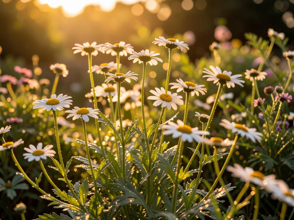 Chamomile flowers in a kitchen garden, the daisy-like blooms with yellow centers