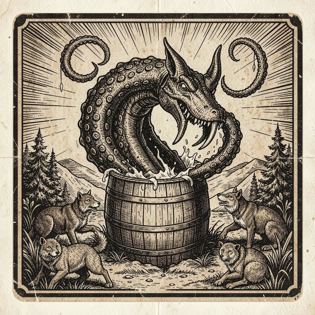 Craft beer label illustration, Kraken emerging from beer barrel , brewery label 
