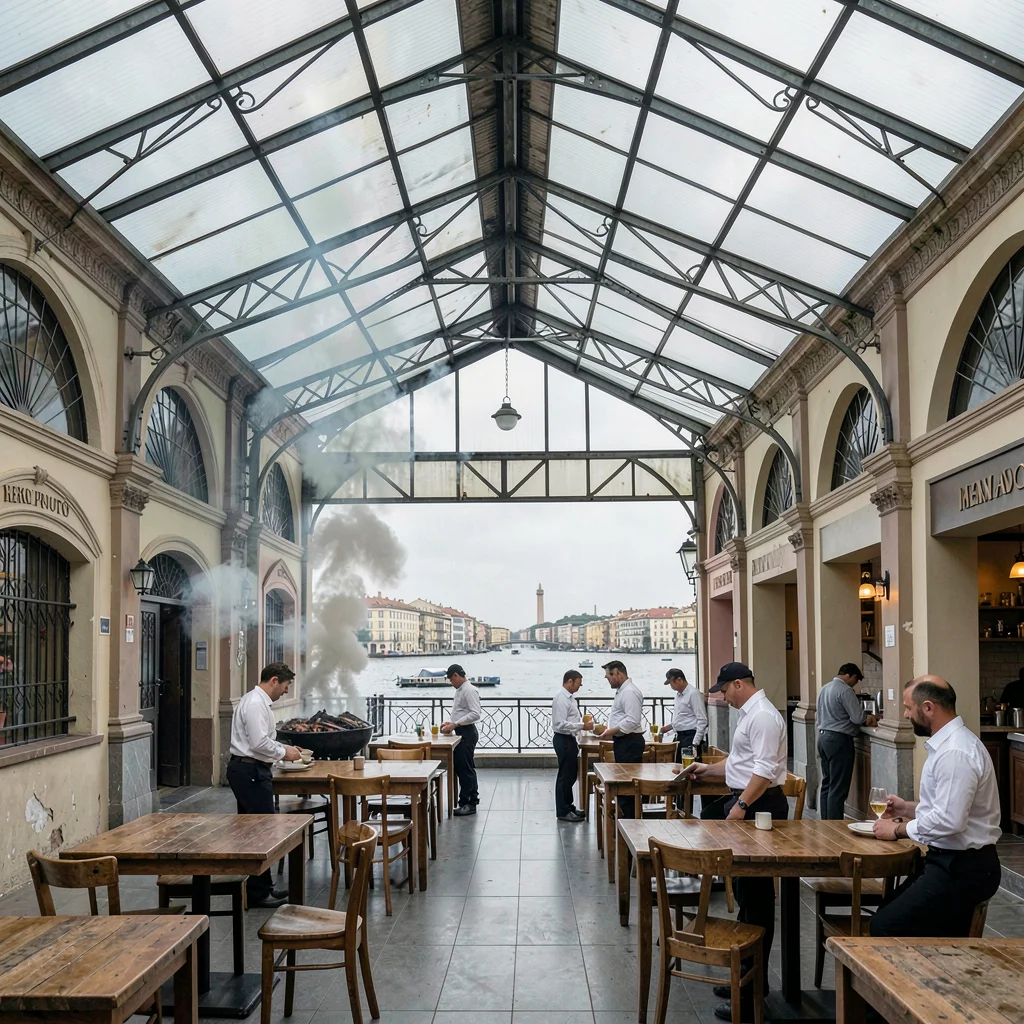 Quietly elegant photograph with Uruguayan sensibility, Mercado del Puerto interi