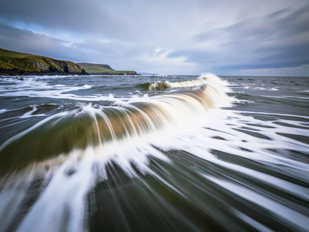 Wave surge leaving trails of dissolved motion