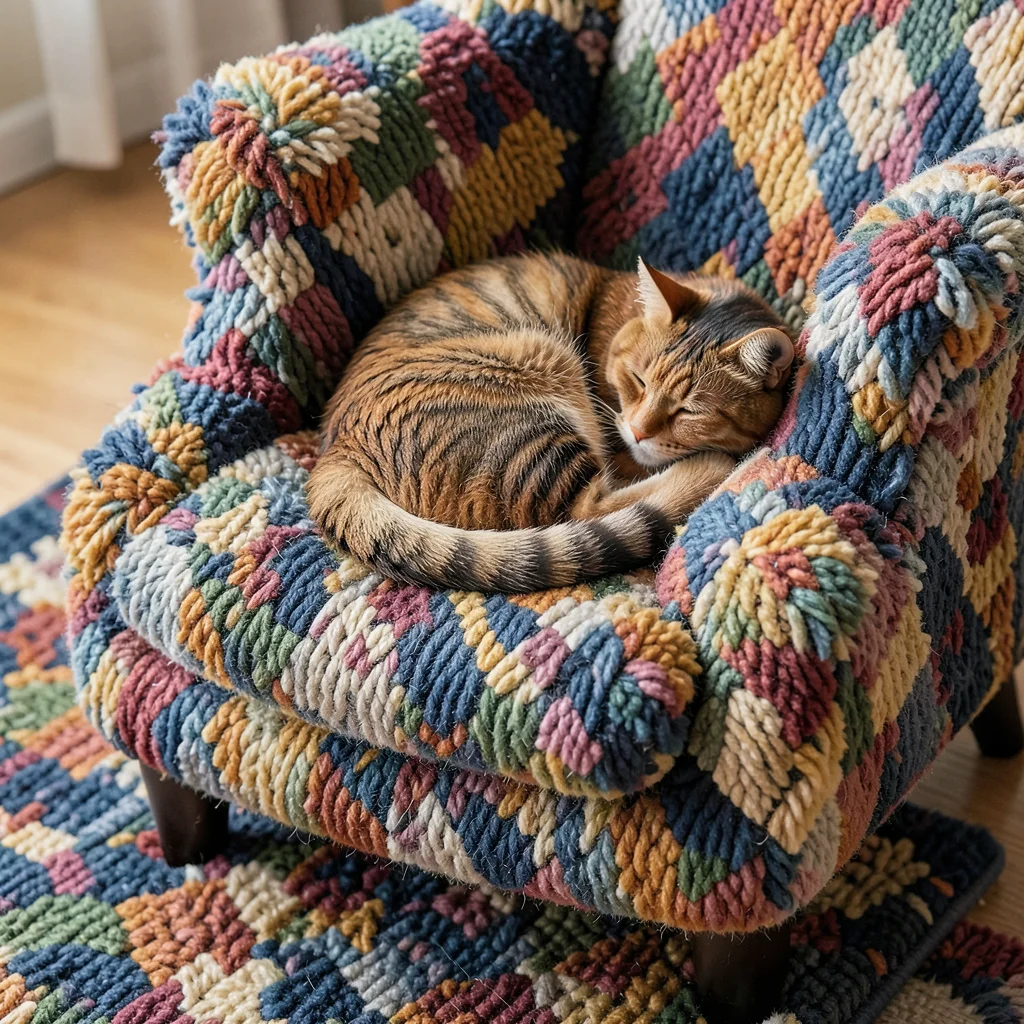 A cat curled up on an armchair, both cat and chair rendered in matching shag