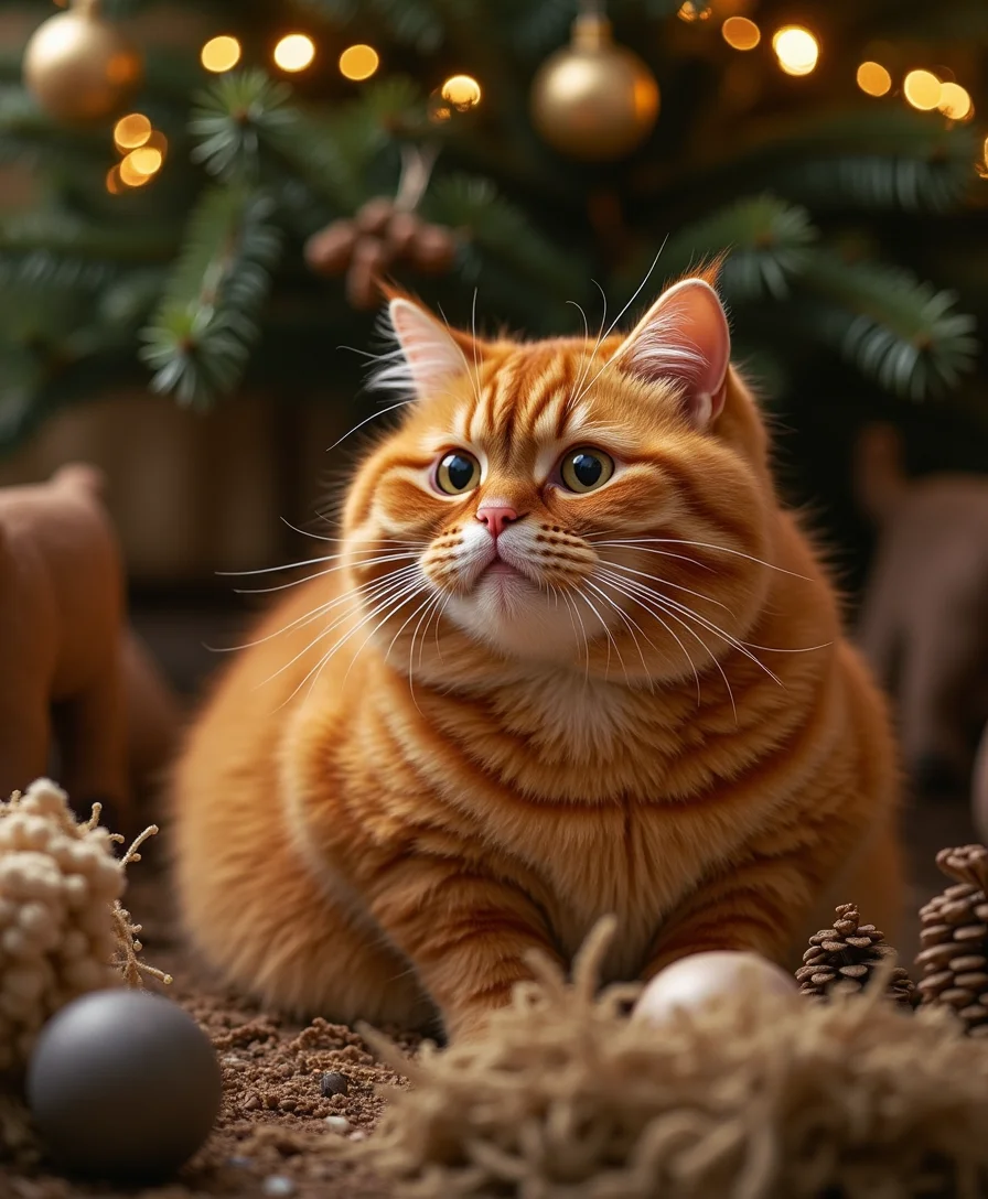 Super fat orange cat sitting in nativity scene und