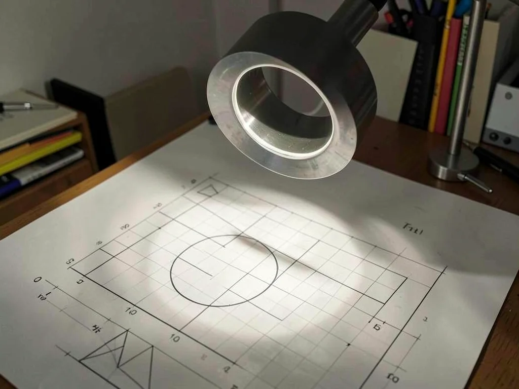 Metal lamp on drafting table, circular shade casting perfect ring of light on gr