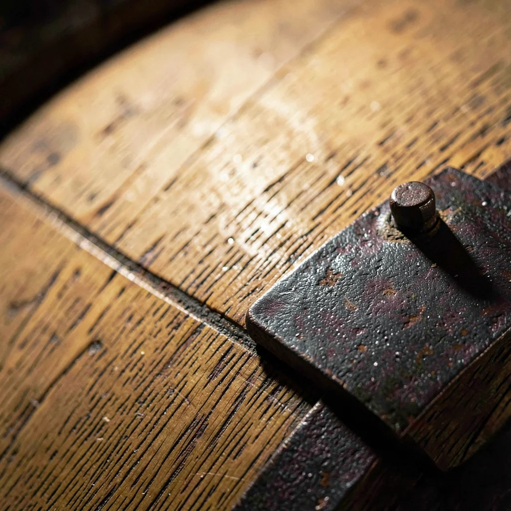 Mineral-cut macro of an oak barrel head with iron banding, raking light revealin