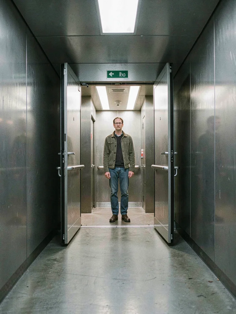 Elevator doors opening to reveal a single figure dead center, the geometry of ar