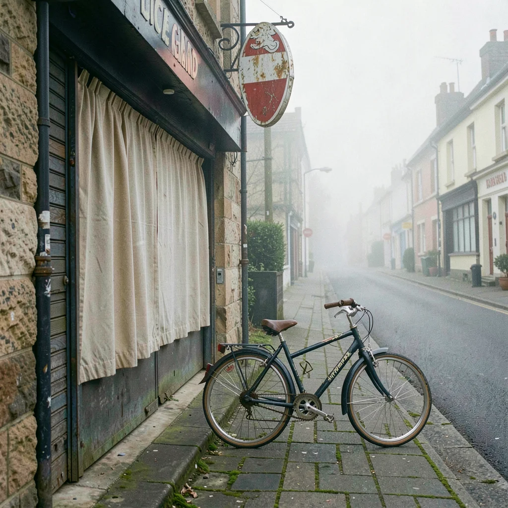 Quiet small town photography, contemplative scene, A single bicycle parked outsi