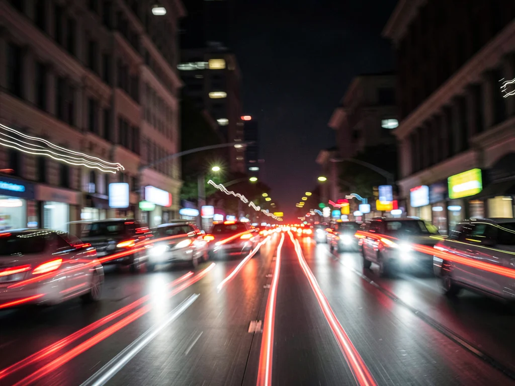 City traffic at night reduced to pure ribbons of red taillights and white headli