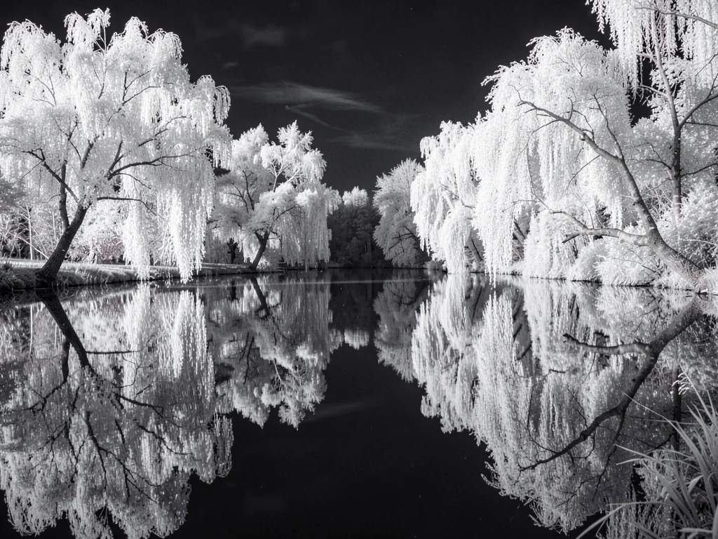 A lake reflecting white willow branches in dark water, mirror-perfect stillness