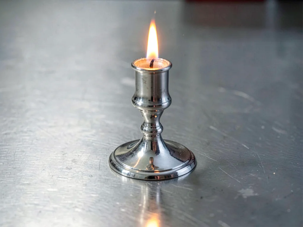 Silver candlestick reflecting flame