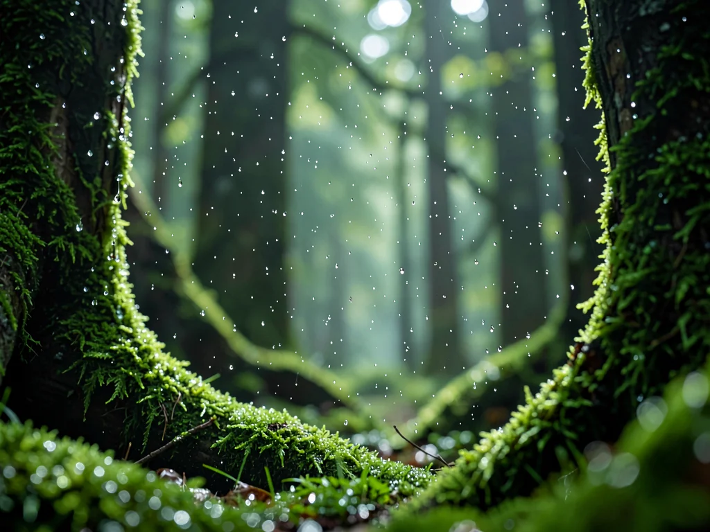 Raindrops on moss catching light as stars