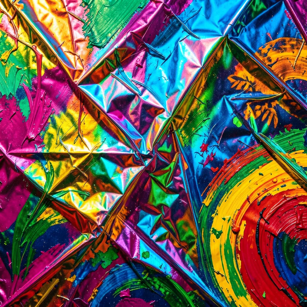 Crumpled metallic foil reflecting rainbow light, close-up texture