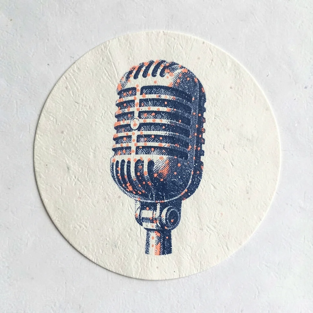 Bram-screenpress sticker of a halftone vintage broadcast mic in indigo and coral