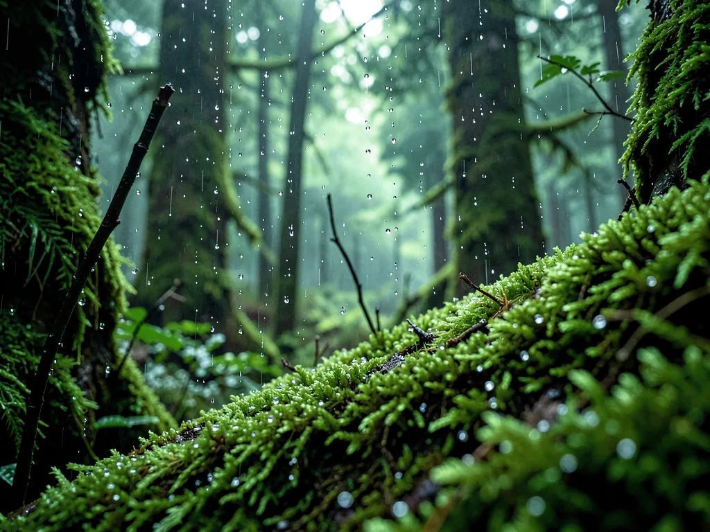 Raindrops on moss catching light as stars