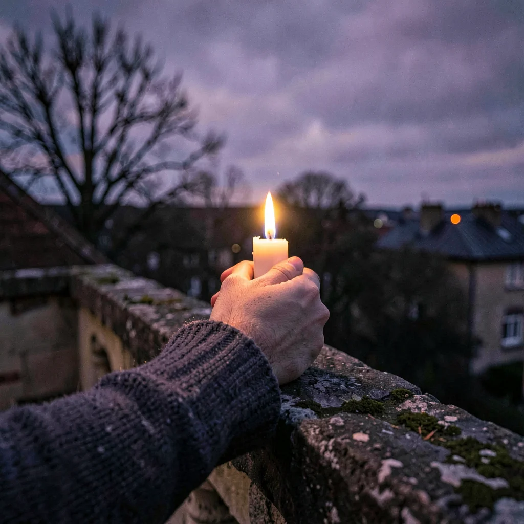 Hand cradling a flickering candle on a windswept stone balcony, charcoal sweater