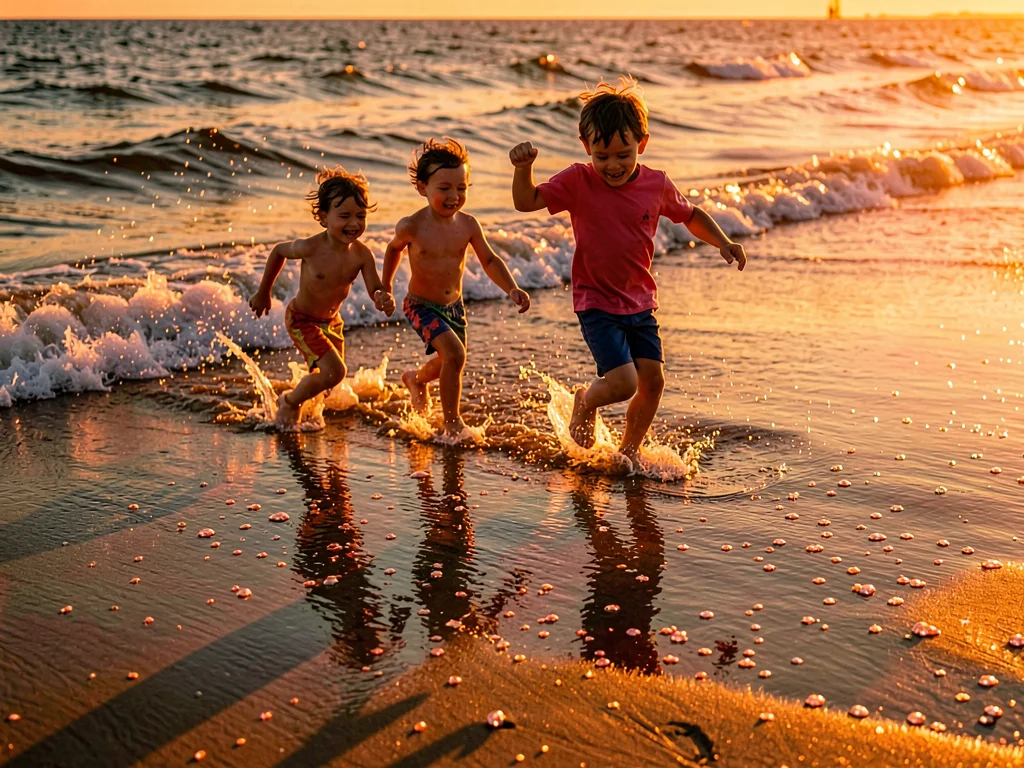 Children running through surf at golden hour, water droplets catching orange lig