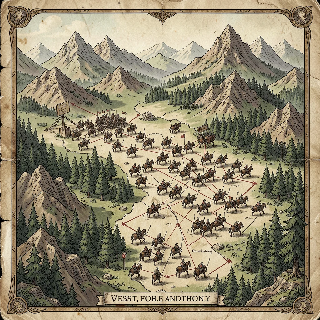 Fantasy map illustration, a battle map showing troop positions, terrain features