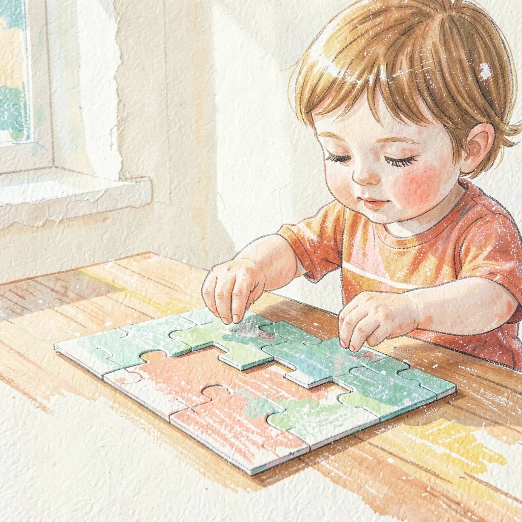 Child gently popping a piece from a 3D puzzle sheet on a sunlit table, paper-sof