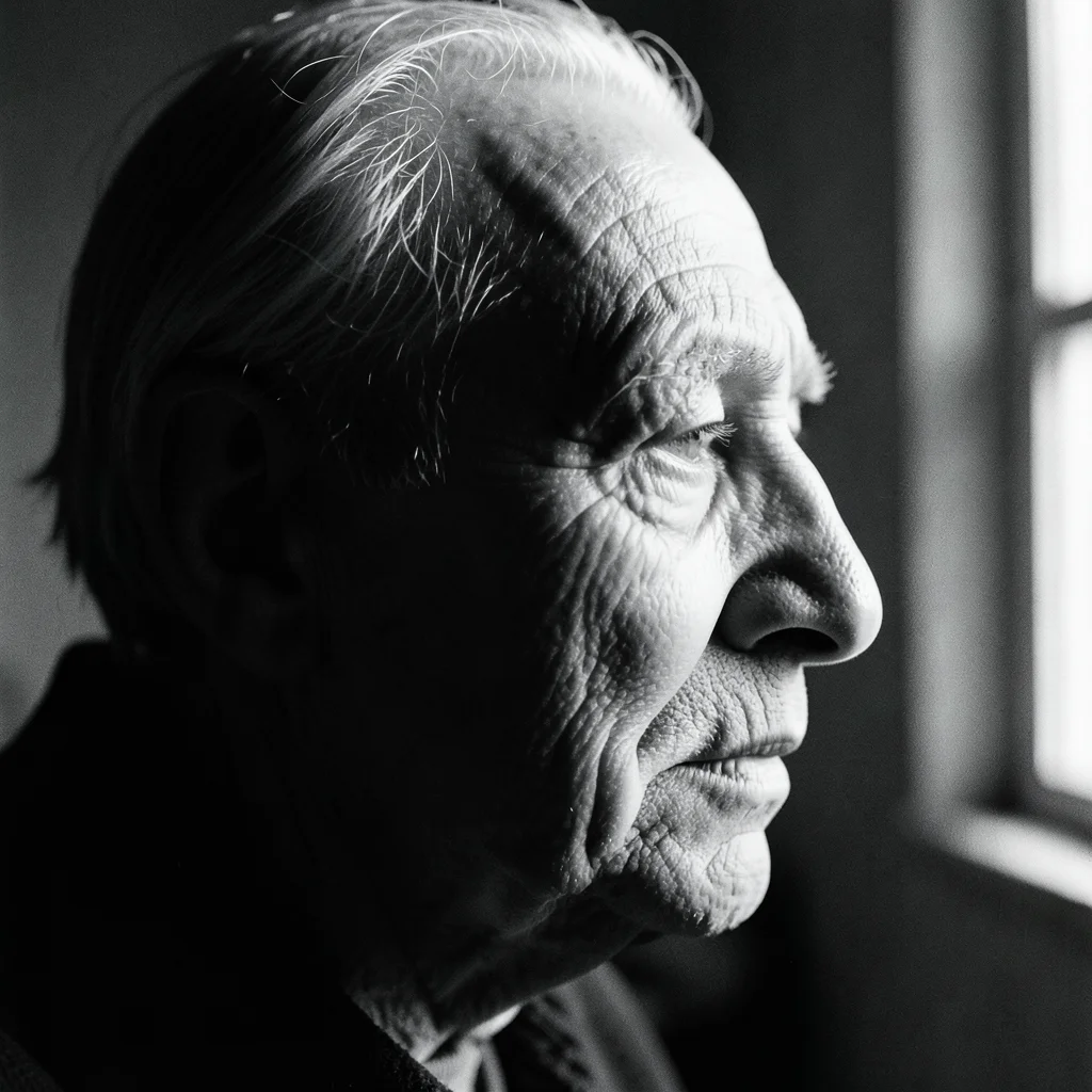 An elderly man's face in profile, deep wrinkles catching hard sidelight from a s