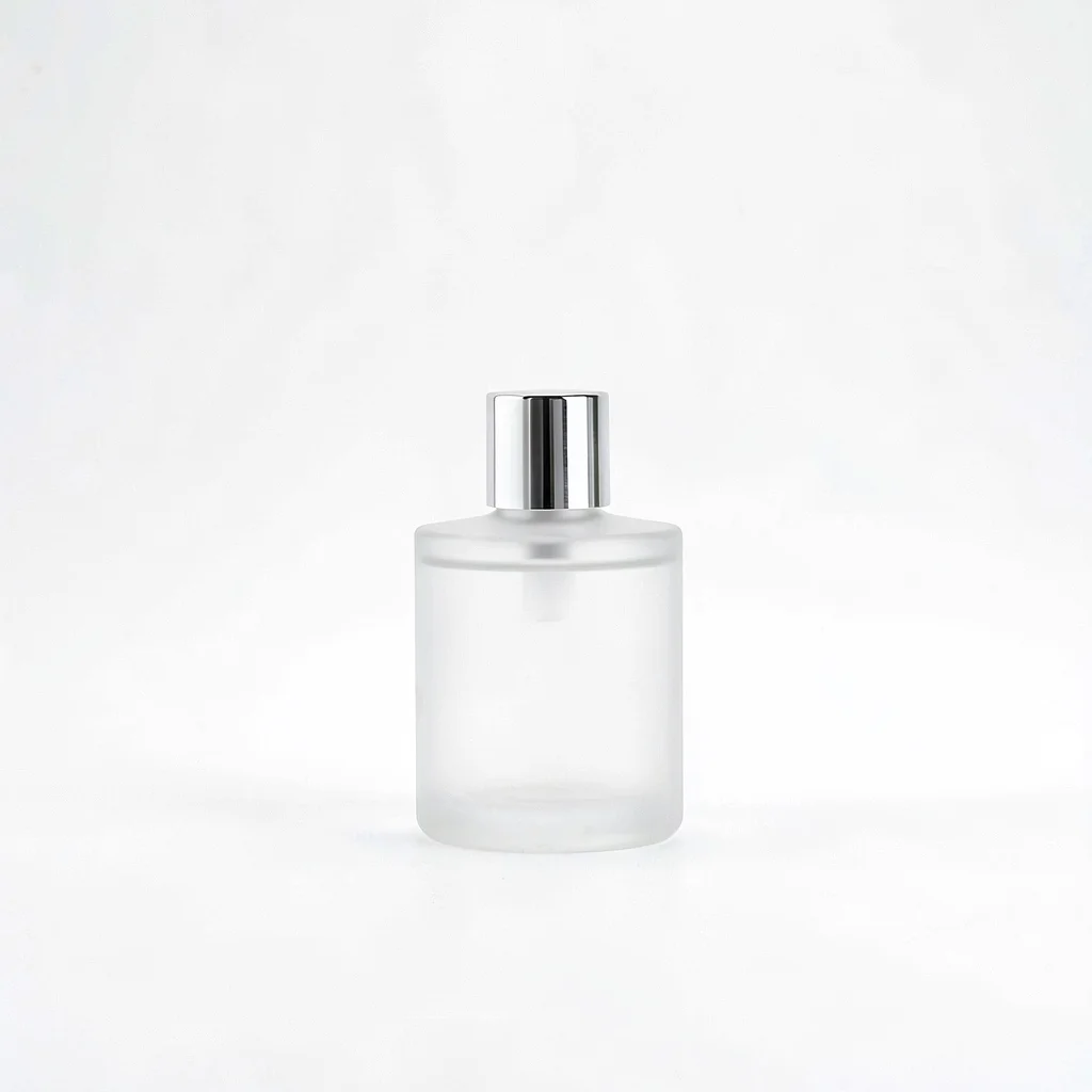 Minimal studio composition of a frosted flacon alone on bone-white seamless, gen