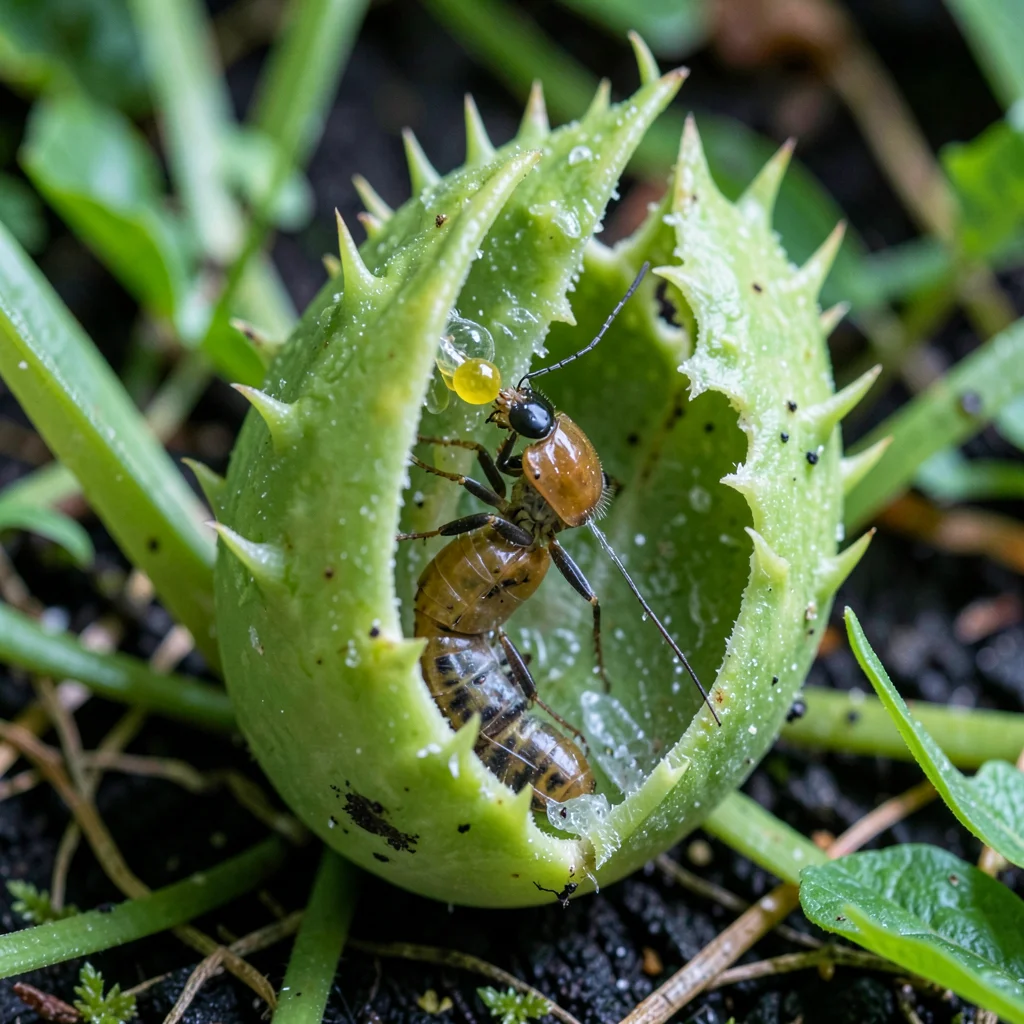 Venus flytrap frozen mid-closure, digestive enzymes visible, prey half-consumed