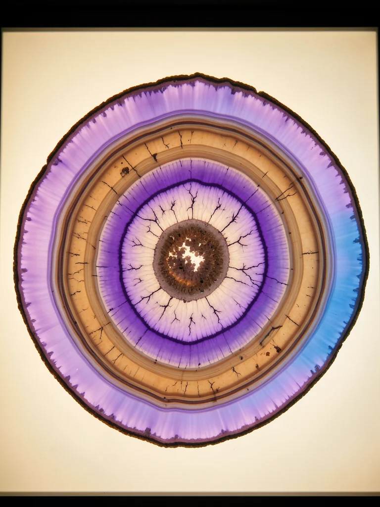 Amethyst geode slice backlit, purple crystal points graduating from deep violet 