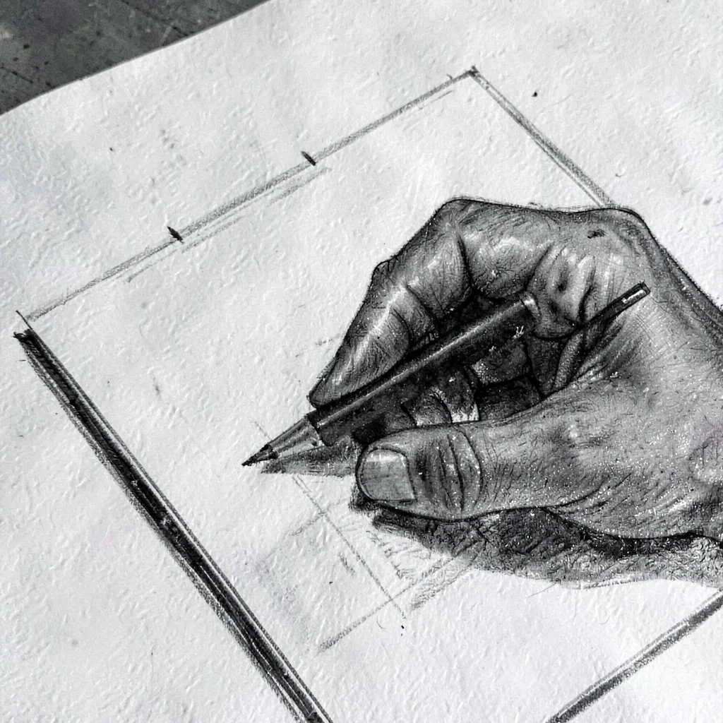 charcoal of a hand pausing over a blank page, deep graphite shading