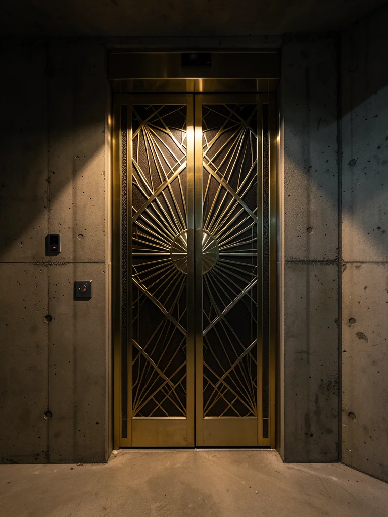 Art deco elevator door panel, geometric sunburst pattern in brass and chrome